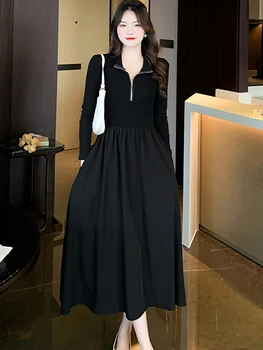 Moterys Juoda korėjietiška vintažinė Hepburn Midi suknelė Rudens kieta elegantiška Bodycon suknelė 2023 Solid Polo Collar suknelė ilgomis rankovėmis