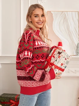 Moterys Kalėdinis megztinis Laisvalaikio dryžuotos ilgos rankovės Apvaliu kaklu Laisvas Fit Megztas megztukas Megztos megztinės