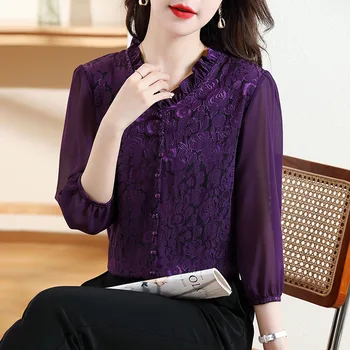 Moterys prancūziškos violetinės vintažinės nėrinių palaidinės Biuro ponia elegantiška prašmatni laisva mada Šifono marškiniai Moteriškas temperamentas Viršus
