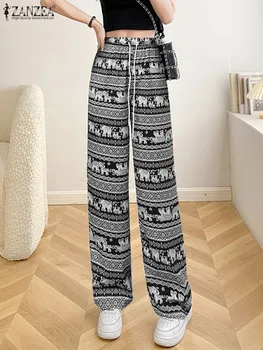 Moterų elastinės kelnės su liemeniu 2023 Ruduo ZANZEA Margintos ilgos kelnės Mada oversized Straight Pantalons Casual Pockets Bottoms