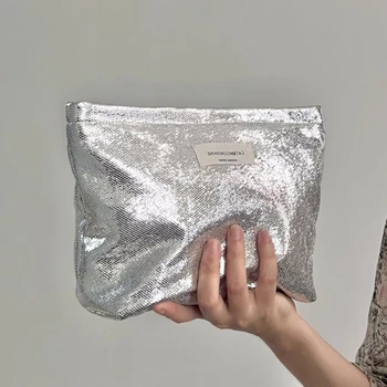 Moterų vakarėlio krepšys Blizgantys blizgučiai sidabriniai, makiažo krepšys Pečių sankabos krepšys Naujas 2023 m. Tualeto reikmenys Odos priežiūros krepšys