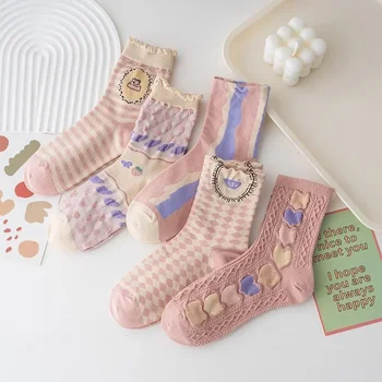Naujos kojinės Moterys Rožinis dryžuotas pledas Elastingos ilgos kojinės JK Japoniško stiliaus Saldžios merginos Kawaii Mieli raukiniai Kojinės Mada