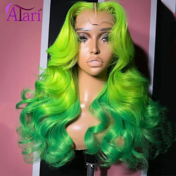 Ombre Green Body Wave Žmogaus plaukų perukai 613 Spalvotas mėtų žalias Tiesus nėrinių priekinis perukas Skaidrus 30 colių šviesiai žalias Pre Pluck