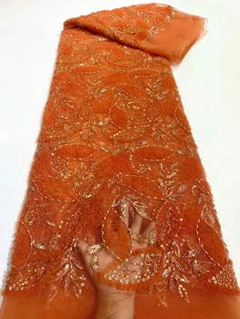 Orange French Sequins Nėrinių audinys Rankų darbo 2023 Aukštos kokybės siuvinėtas Afrikos karoliukais tinklinis nėrinių audinys siuvimui