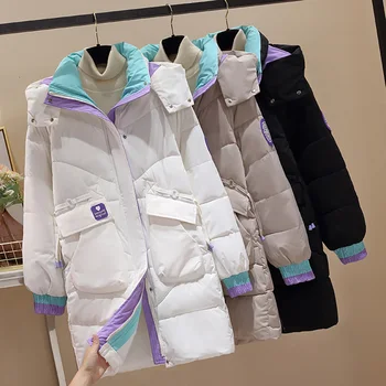 Oversize Moterys Žieminiai medvilniniai paltai su gobtuvu Korėjietiško stiliaus laisvalaikio laisvalaikio laisvos storos šiltos ilgos dygsniuotos striukės Dideli kišeniniai paltai M-4XL