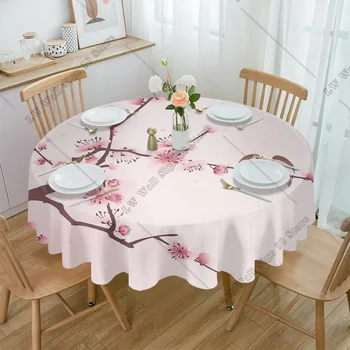 Pink Cherry Blossom Bird Ink Style Apvalaus stalo audinio festivalio valgomasis vandeniui atspari staltiesė Staltiesė Dangtelis vestuvių vakarėlio dekorui