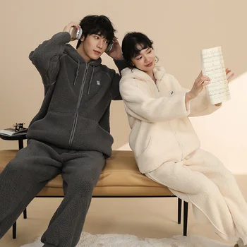 Pora pižamų vilnos užtrauktukas su gobtuvu pižamų rinkiniai Vyrai Moterys Miego drabužiai Šilti poilsio drabužių komplektai Laisvi korėjietiški Kawaii drabužiai
