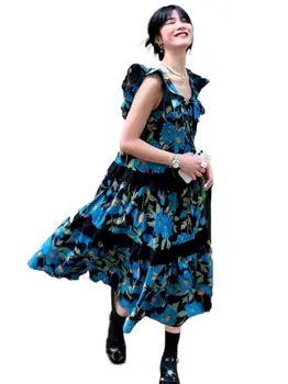 prancūziška elegantiška mėlyna gėlėta suknelė Mada Saldaus lotoso drugelio rankovė Siuvinėjimas Nėrinių tortas Suknelė vintažinė vakarėlio suknelė 6XL