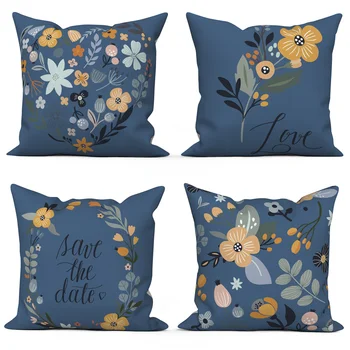 Pritaikomas lino aksomo sofos pagalvėlės užvalkalas Saldus namų dekoro metimo pagalvė Mėlyna balta gėlė Išsaugoti datos laiško pagalvės užvalkalą