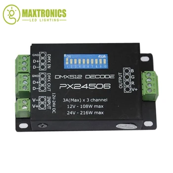 PX24506 LED valdiklio ledinis dekoderis DMX 512 dekoderio tvarkyklė 9A DMX 512 stiprintuvas 12V 24V RGB LED juostiniai žibintai