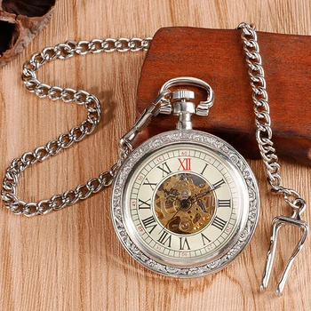 Retro sidabrinis mechaninis rankinis-vėjas vyriškas kišeninis laikrodis antikvarinis stilingas dovana Romėniški skaitmenys Atviras veido pakabukas Kišeninis laikrodis Vyriškis