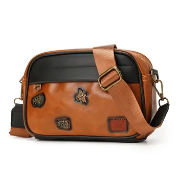 Retro stiliaus vyriškas krepšys per petį su ženkleliu, madingas ir suasmenintas kvadratinis kryžminis krepšys