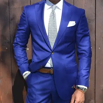 Royal Blue Groom Tuxedo 2 Piece Slim Fit Mens Wedding Prom Party Casual Man Tailor Made Bridegroom Suit Jacket+Pants Kostiumas