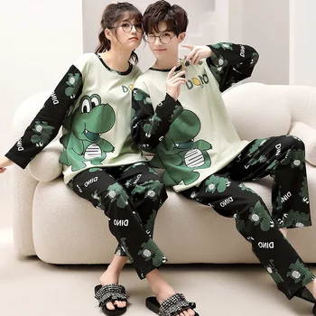 Rudens poros Miego drabužiai Moterys Vyrai Pižamos rinkinys Korėjiečių laisvas unisex pižamos Mujer animacinis filmas Dinozauras ilgomis rankovėmis medvilninė pižama