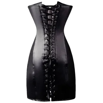 Sexy Steampunk Gothic Moteriškas apatinis trikotažas Diržai Juoda odinė ilga korsetinė suknelė Latekso smėlinukas Tvarstis Bodycon Clubwear Apranga