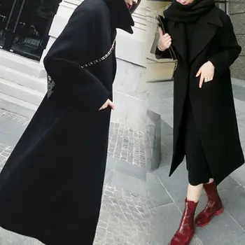 storas vientisos spalvos Žieminis ilgas paltas Šiltas moteriškas Mados kišeninis Rudens drabužis