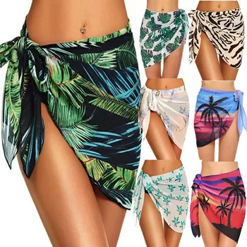 Summer Bikini Wrap Sheer Coverups Set Women Print Short Sarongs Swimsuit Beach Short Sijon Chiffon Scarf Cover Ups for Maudymosi kostiumėliai