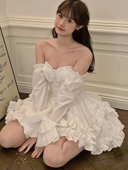 Summer White France Elegantiška suknelė Moterys Korėjos mada Kawaii Fėjų suknelė Moteriška raukinys Flounce Dizainerio Princesės suknelė 2023 Nauja