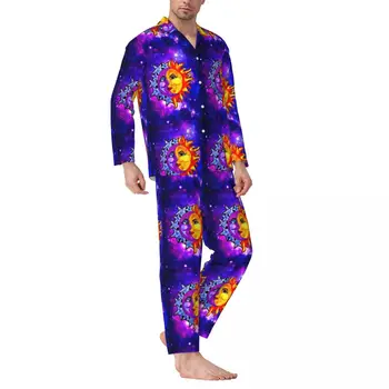 Sun Moon pižamų rinkiniai Galaxy Print Madingi miego drabužiai Vyras ilgomis rankovėmis Laisvas kambarys 2 vnt. Naktiniai drabužiai plius dydis