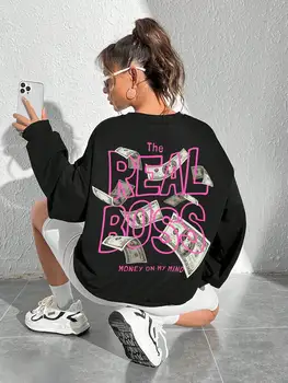 The Real Boss Money Funny Printing Female Clothing Fashion Crewneck Hoodies Sport Hip Hop Pullovers Patogūs nauji moteriški topai