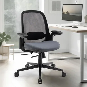 tinklinė biuro kėdė, vidurinis atlošas kompiuteris Vykdomojo stalo kėdės su 3D porankiais, slankiojančia sėdyne, pakreipimo užraktu ir juosmens atrama - juoda / pilka
