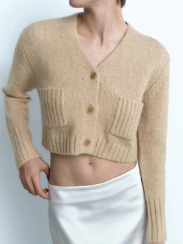 Vientisos spalvos megztas trumpas megztukas Moteris ilgomis rankovėmis V formos kaklo megztinis megztinis Madingi laisvalaikio rudens megztiniai