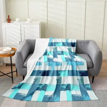 Visą sezoną geometrinė lovos antklodė, juostelės linija Pilka mėlyna flanelinė vilna mesti antklodę Modernus menas Fuzzy Antklodė vaikams