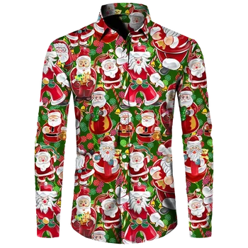 Vyriški marškiniai Rudens Kalėdos Havajų marškiniai vyrams Tops 3d Spausdinti Švenčių drabužiai Vyriški marškinėliai ilgomis rankovėmis 2023