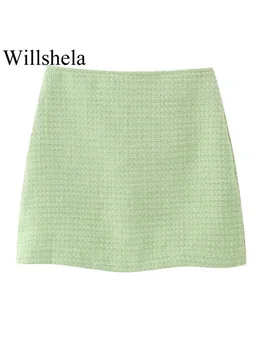 Willshela Moterų mados tekstūra Žalias šoninis užtrauktukas Mini sijonas Vintage High Waist Moteriški prašmatnūs Lady sijonai