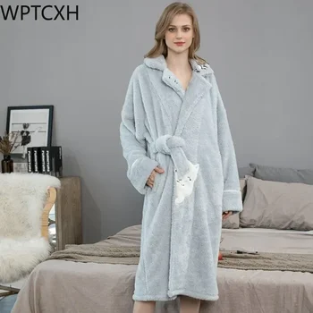 WPTCXH Koralų aksomo naktiniai drabužiai Moterys Žiemos ypač storos ilgos moteriškos namų aprangos Laikyti šiltus aksominius naktinius marškinius Miela chalato pižama 2023