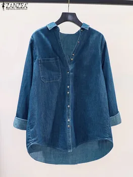ZANZEA Fashion Women Denim Shirt 2024 Spring Pocket Buttons Tops Vintage Ilgomis rankovėmis marškiniai Casual Retro Lapel Blusas Oversized