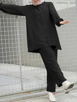 ZANZEA Mada Solidus musulmoniškas kostiumas Moteris ilgomis rankovėmis Viršūnės Plačios kojinės Kelnės 2PCS Laisvalaikio vakarėlis Miesto sportiniai kostiumai Elegantiški outifits
