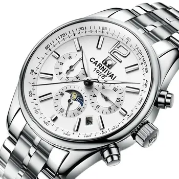 Šveicarija Karnavalas Automatiniai mechaniniai vyriški laikrodžiai Prekės ženklas Prabangus mėnulio fazės safyras Vandeniui atsparus šviečiančių rankų laikrodis C8702