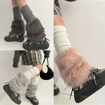 Žiemos ruduo Briaunotas Megztų kojų šildytuvai Gotikinis batų užvalkalas Colorblock Furry Plush Patchwork Sukrautos ilgos kojinės moterims